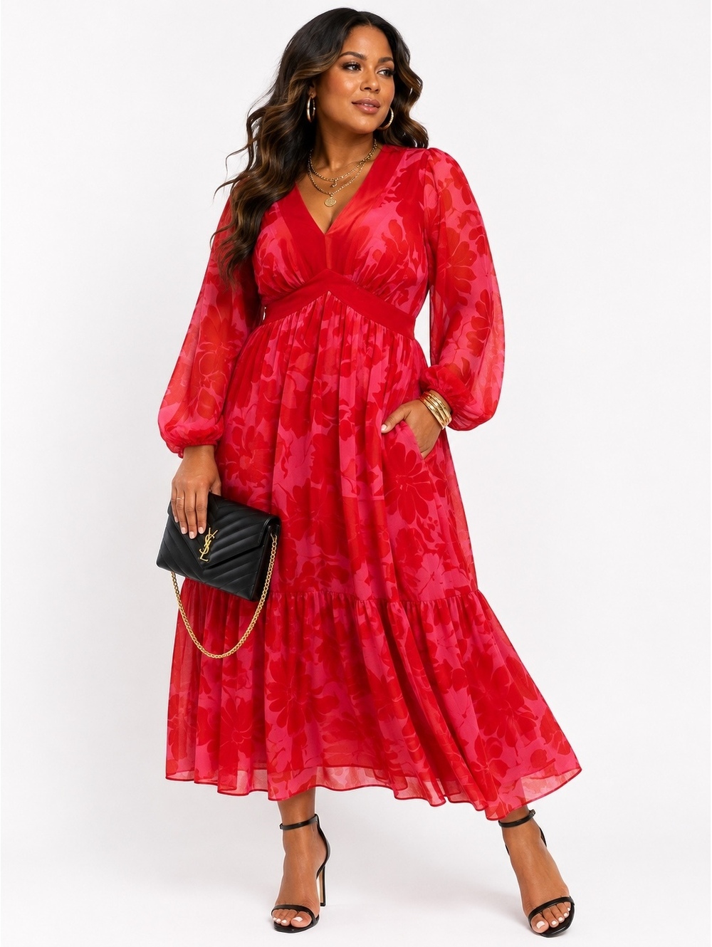 Taylor Collection Printed Chiffon Red-Pink Balloon Sleeve Tiered Maxi-Size 12